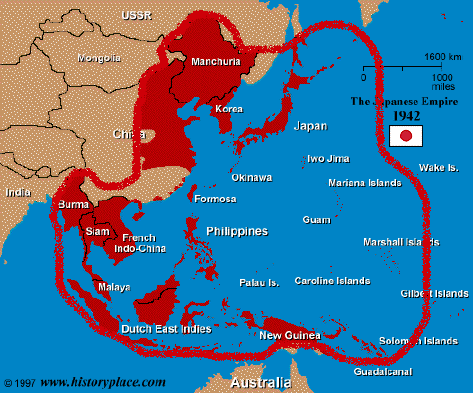 日本二战中势力最大时,势力范围西起西安,东至马力呀那群岛,北至